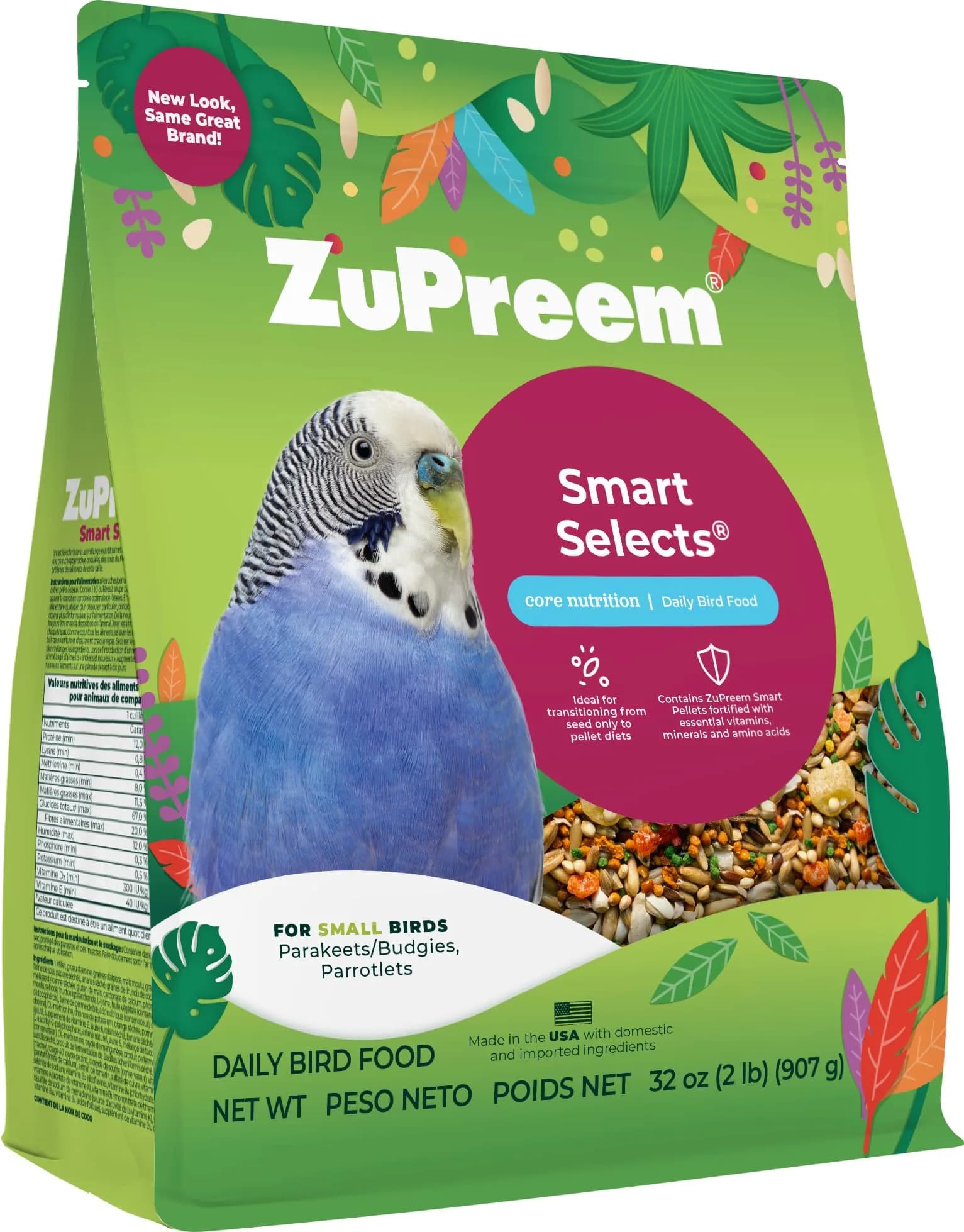 ZuPreem Smart Selects Parakeet & Budgie Food 907g (2 lb) | Balanced Nutrition for Small Birds — 2 Pound