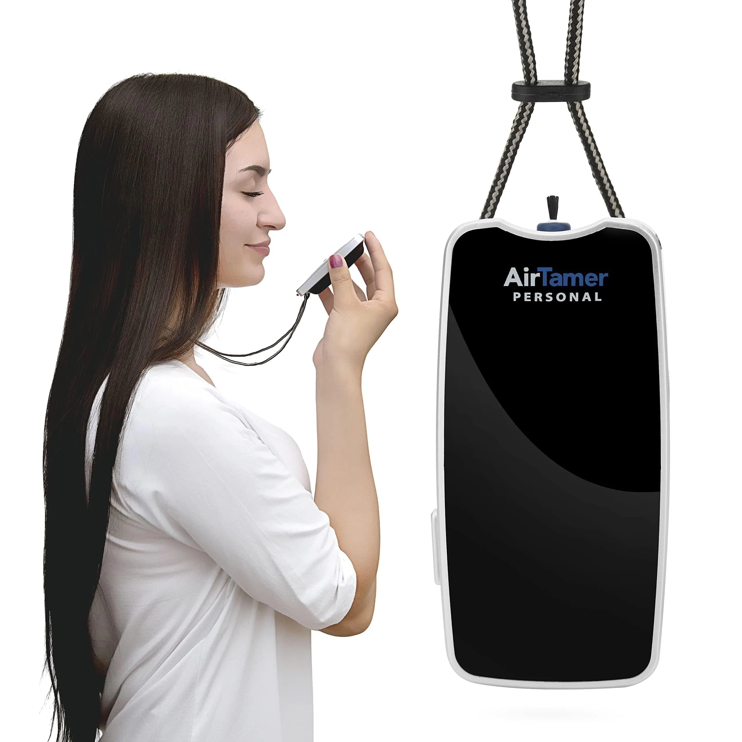 AirTamer A310 Personal Air Purifier Necklace | Ionic Technology for Cleaner Air — Black with Metal Case