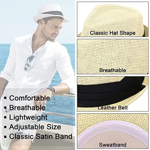 Simplicity Fedora Hat Natural | Summer Sun Short Brim Straw Fedora for Men, Adjustable XL thumbnail 3
