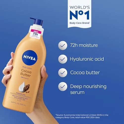 NIVEA Cocoa Butter Body Lotion for Dry Skin with Hyaluronic Acid, 499 ml (16.9 Fl Oz) | 72-Hour Deep Nourishing Moisture thumbnail 3