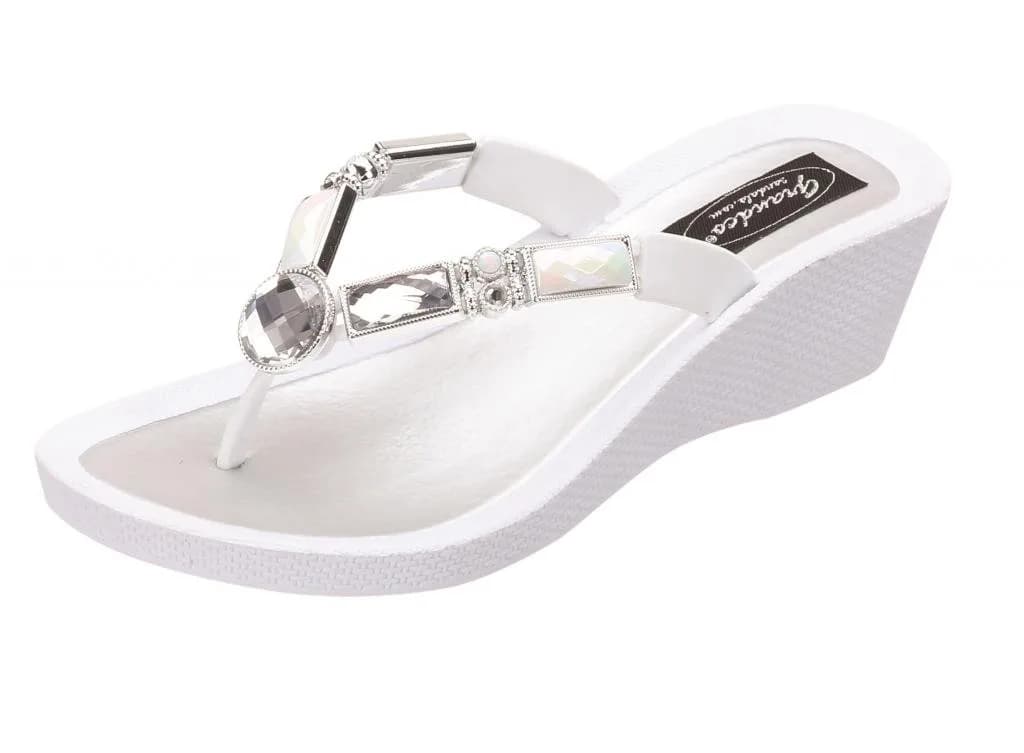 Grandco Women's 26255E Bamboo Wedge Jeweled Waterproof Sole Summer Thong Sandals White 9 | Chic, Waterproof, Bejeweled — White