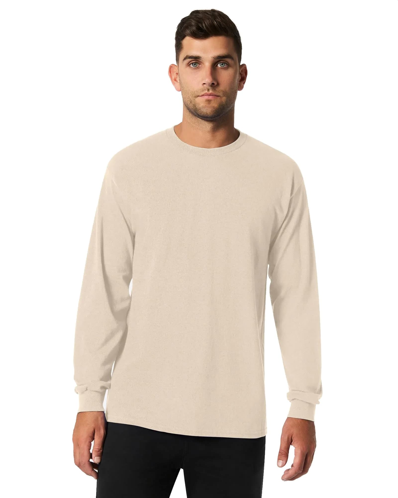 Gildan Men's Ultra Long Sleeve Rib-Knit Cuffs T-Shirt, Medium, Sand | 100% Cotton Jersey, Regular Fit — Multicoloured