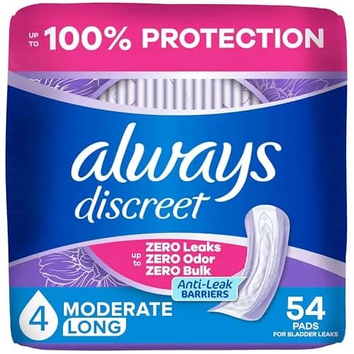 Always Discreet Adult Incontinence Pads for Women, Long Length, Moderate Absorbency, 54 Count | 100% Leak-Free Protection - main product image