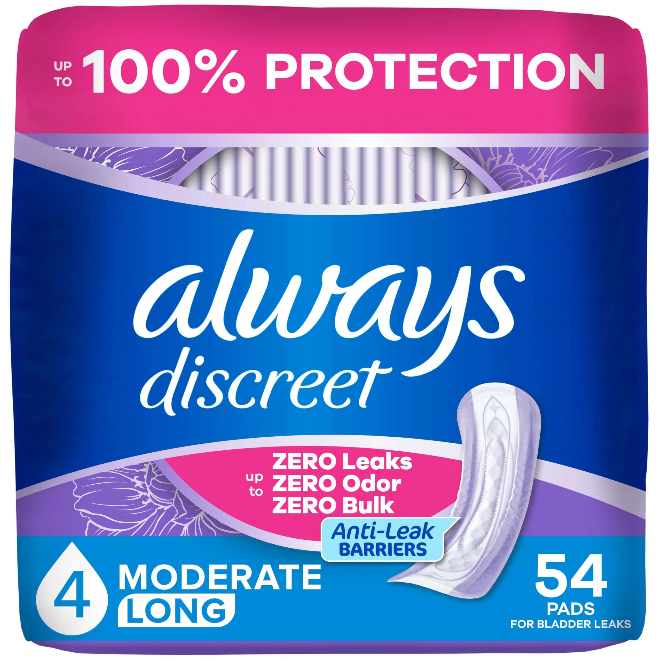 Always Discreet Moderate Absorbency Long Length Incontinence Pads for Women | Dermatologist Tested — Long