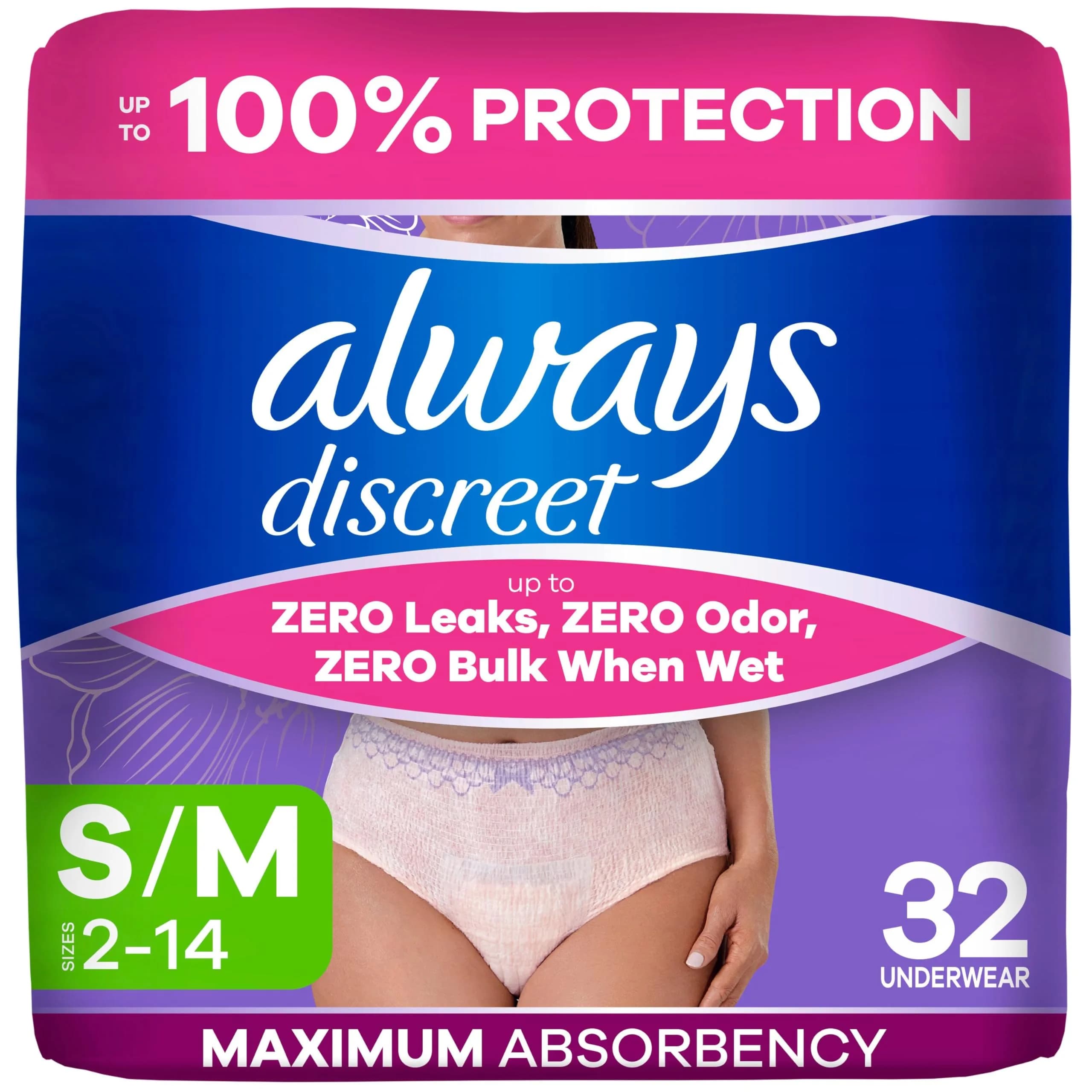 Always Discreet Women's Incontinence Underwear XL Violet | Max Absorbency 12-Hour Protection — Small/Medium / 32