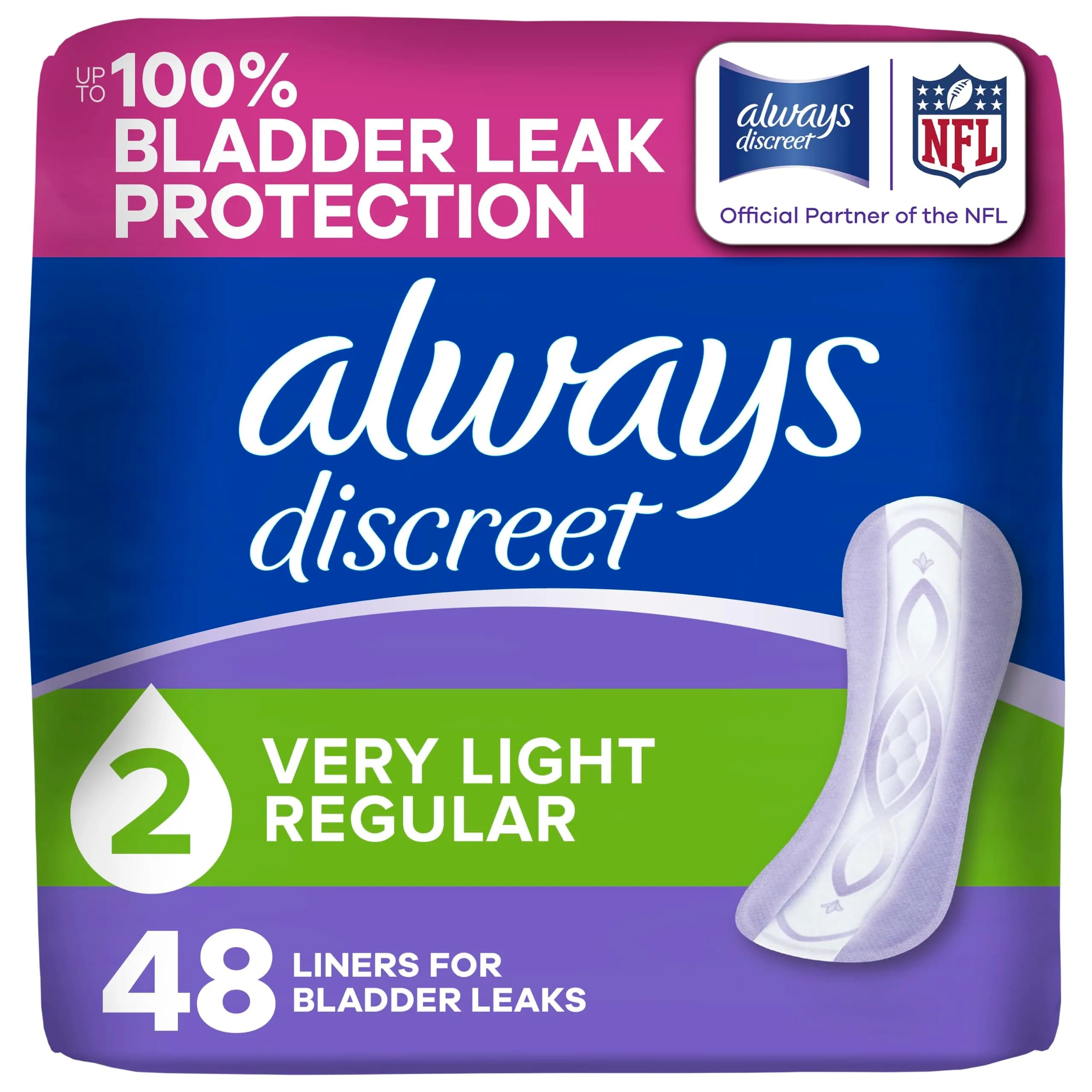 Always Discreet Incontinence Panty Liners for Women Size 2 | Up to 100% Leak-Free Comfort