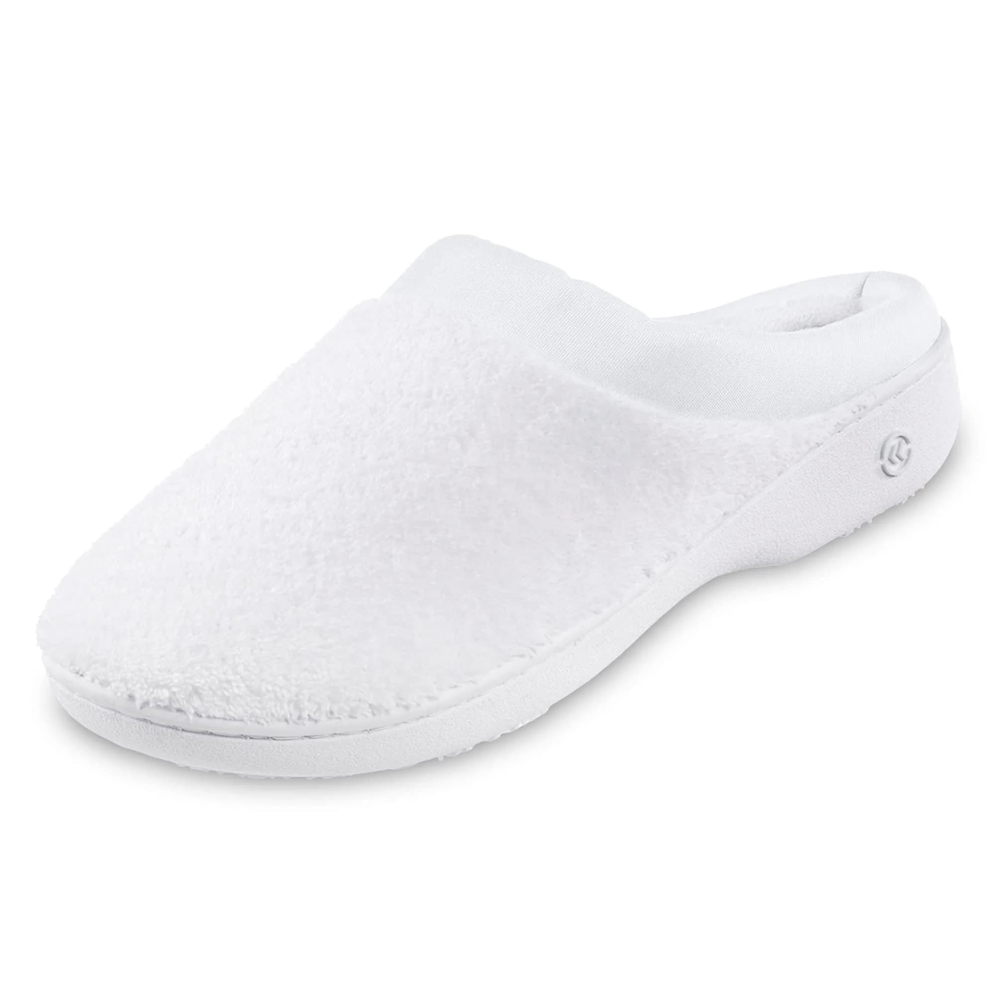 isotoner Women's Indoor/Outdoor Slip-on Terry and Satin Clog Slippers with Memory Foam Comfort, White, 8.5-9 | All-Day Support & Versatility