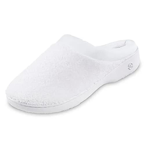 isotoner Women's Indoor/Outdoor Slip-on Terry and Satin Clog Slippers with Memory Foam Comfort, White, 8.5-9 | All-Day Support & Versatility thumbnail 1