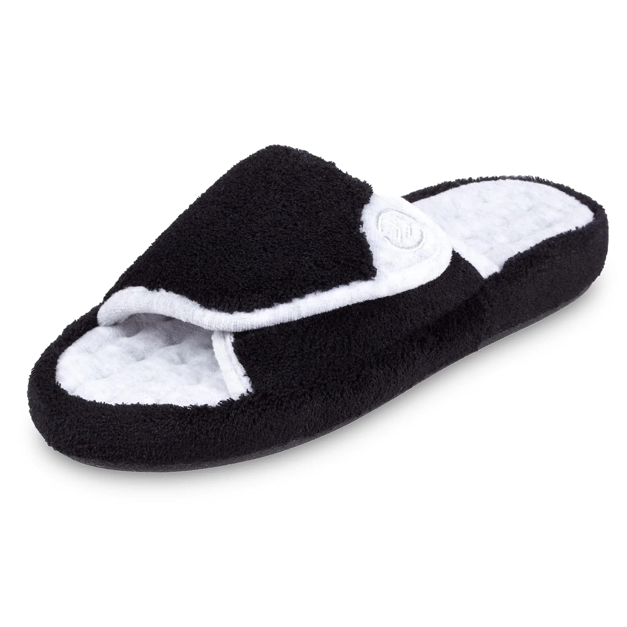 isotoner Women's Indoor/Outdoor Slip-on Terry Spa Slide Slippers 6.5-7 | Memory Foam Comfort & Adjustable Fit — Black