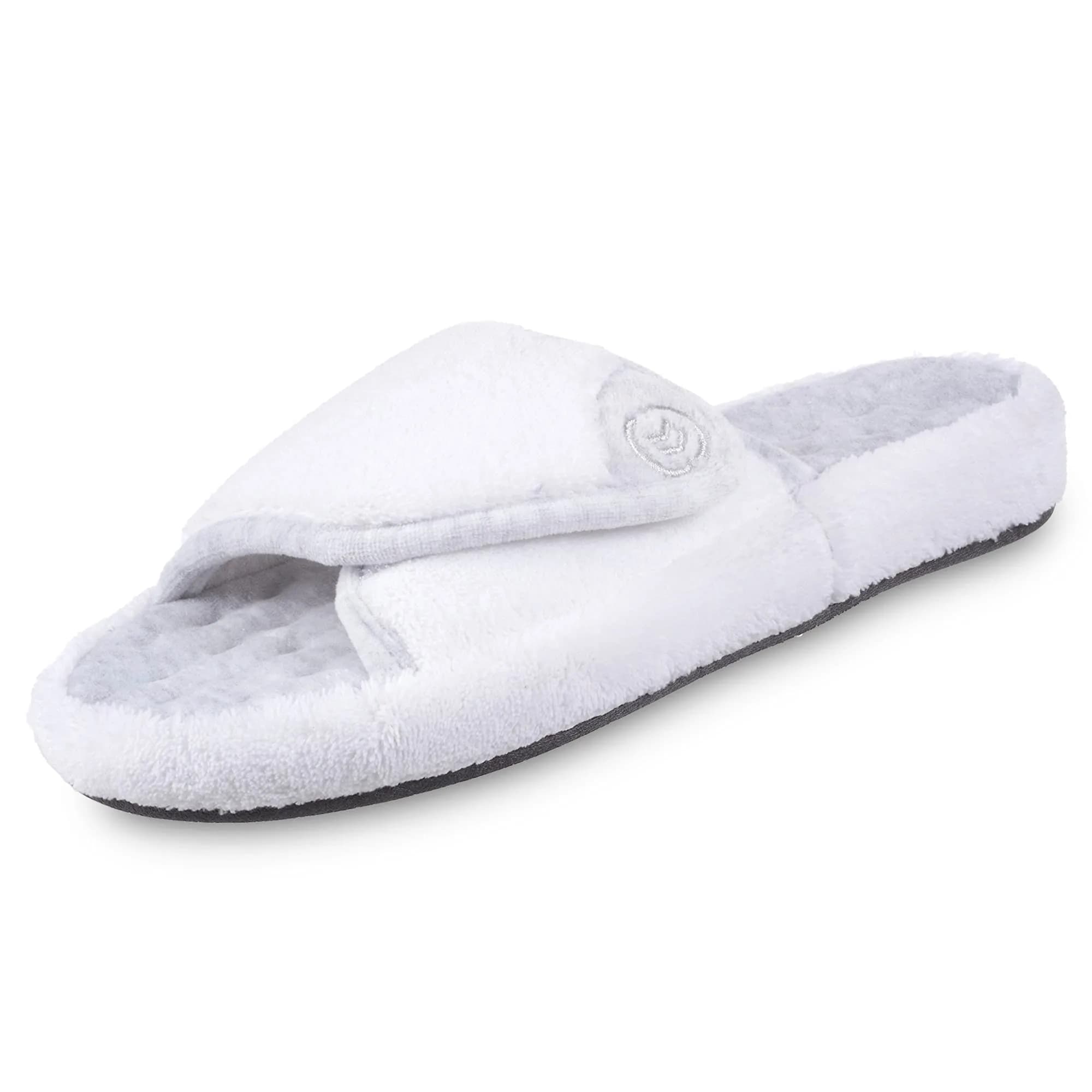 isotoner Women's Indoor/Outdoor Slip-on Terry Spa Slide Slippers 6.5-7 | Memory Foam Comfort & Adjustable Fit — White
