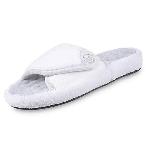 isotoner Women's Indoor/Outdoor Slip-on Terry Spa Slide Slippers with Memory Foam, White, 6.5-7 | All-day comfort with adjustable fit thumbnail 1