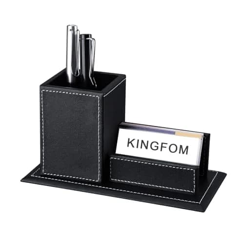 KINGFOM PU Leather Desk Organizer with Card Stand, Black | Holds 20 Pens & 60 Cards thumbnail 1