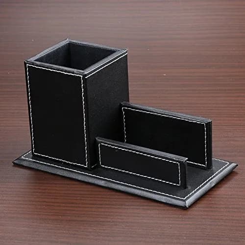 KINGFOM PU Leather Desk Organizer with Card Stand, Black | Holds 20 Pens & 60 Cards thumbnail 4