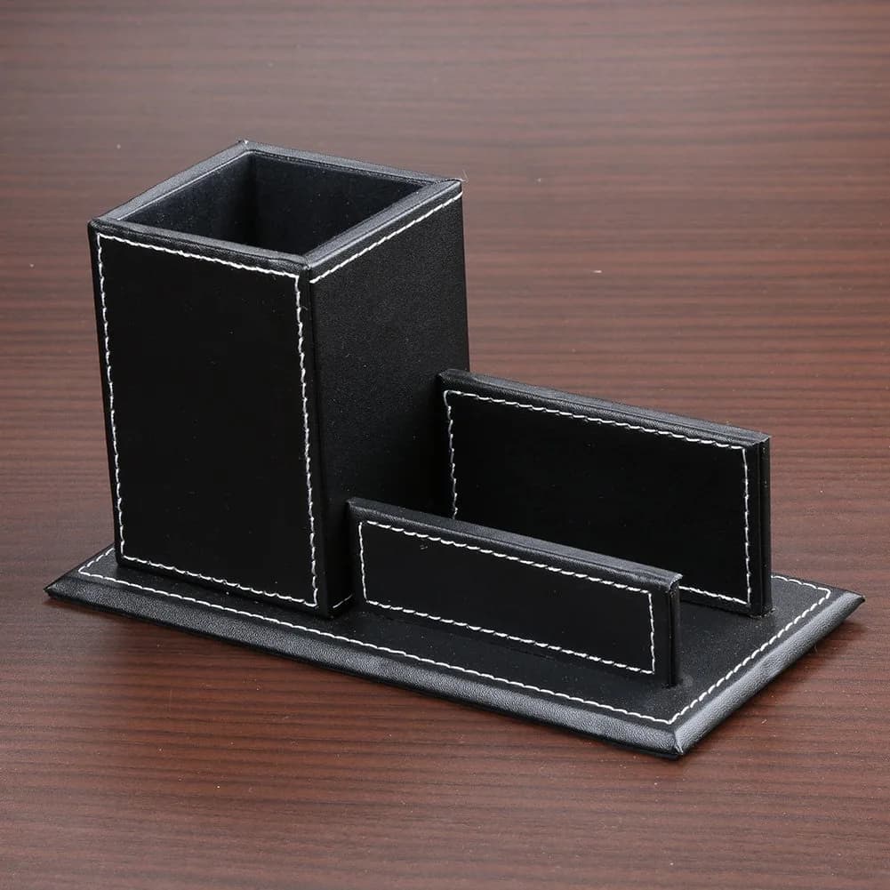 KINGFOM PU Leather Desk Organizer with Card Stand, Black | Holds 20 Pens & 60 Cards - view 4