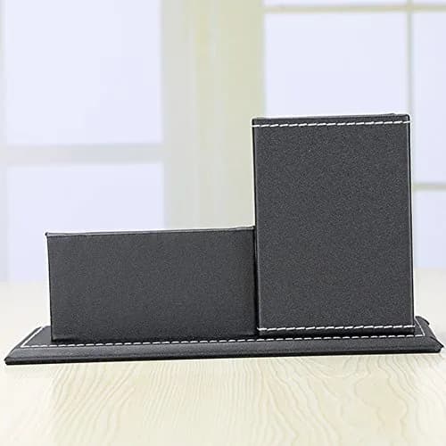 KINGFOM PU Leather Desk Organizer with Card Stand, Black | Holds 20 Pens & 60 Cards thumbnail 5