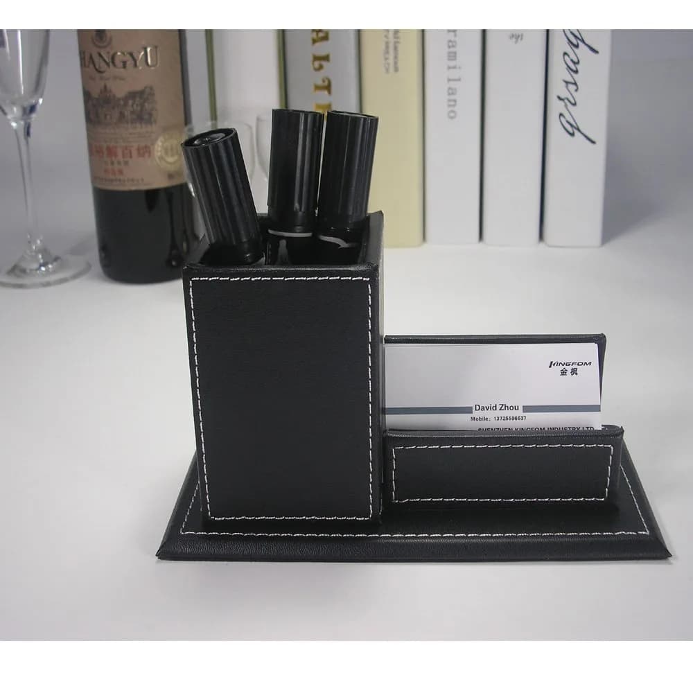 KINGFOM PU Leather Desk Organizer with Card Stand, Black | Holds 20 Pens & 60 Cards - view 6