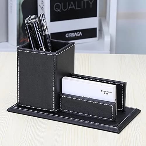 KINGFOM PU Leather Desk Organizer with Card Stand, Black | Holds 20 Pens & 60 Cards thumbnail 7
