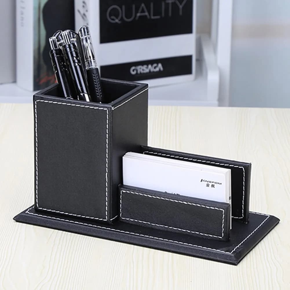 KINGFOM PU Leather Desk Organizer with Card Stand, Black | Holds 20 Pens & 60 Cards - view 7