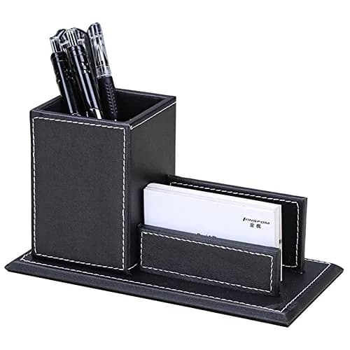 KINGFOM PU Leather Desk Organizer with Card Stand, Black | Holds 20 Pens & 60 Cards thumbnail 2