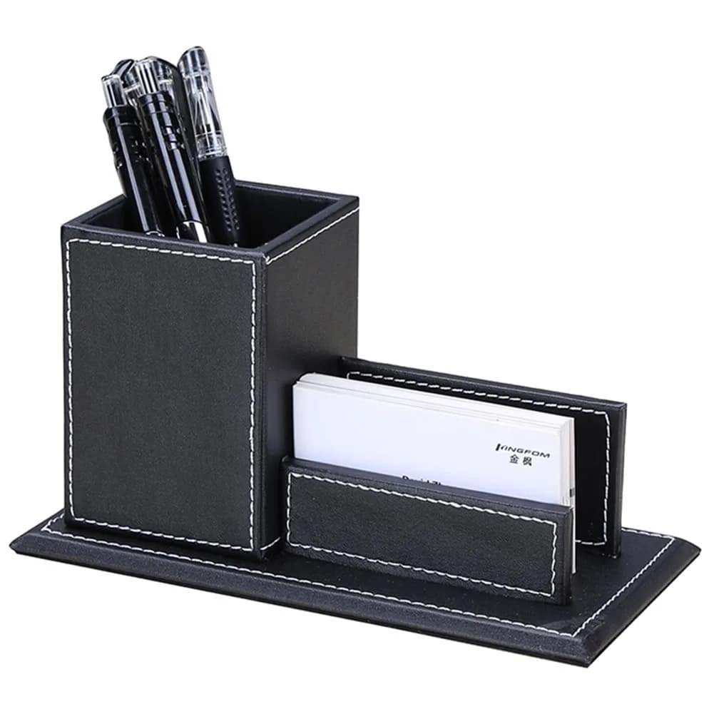 KINGFOM PU Leather Desk Organizer with Card Stand, Black | Holds 20 Pens & 60 Cards - view 2
