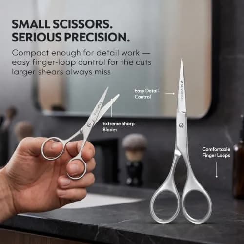 Suvorna small scissors for beard, mustache, facial, nose, eyebrow, and ear hair - Hair scissors for cutting, trimming & grooming - Made with 4.5" stainless steel for barbers, professional, & home user thumbnail 2