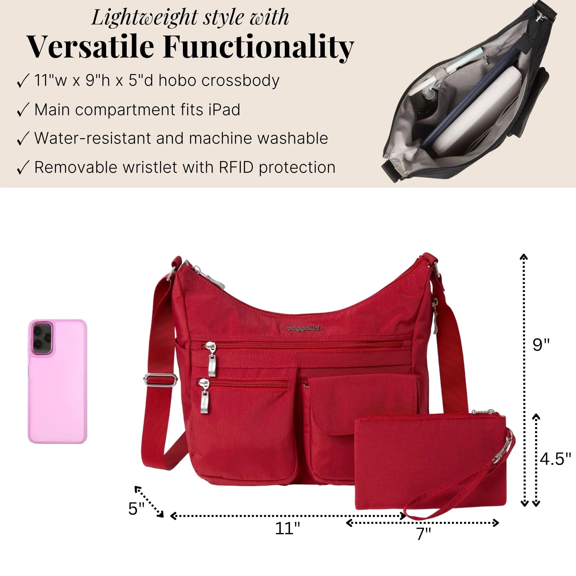 Baggallini Everywhere Bagg Crossbody Bag 28.9cm (11.4in) | Water-Resistant Travel Hobo with RFID Wristlet - view 4