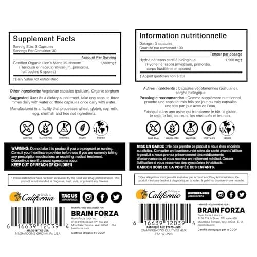 Brain Forza Organic Lion's Mane Mushroom Capsules 90 Count (2.5 x 4.5 x 2.5 inches) | Natural Herbal Supplement for Memory, Focus, Clarity, Nerve Health thumbnail 5