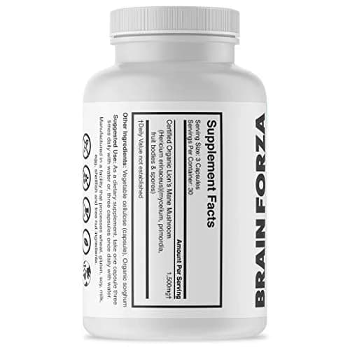 Brain Forza Organic Lion's Mane Mushroom Capsules 90 Count (2.5 x 4.5 x 2.5 inches) | Natural Herbal Supplement for Memory, Focus, Clarity, Nerve Health thumbnail 2