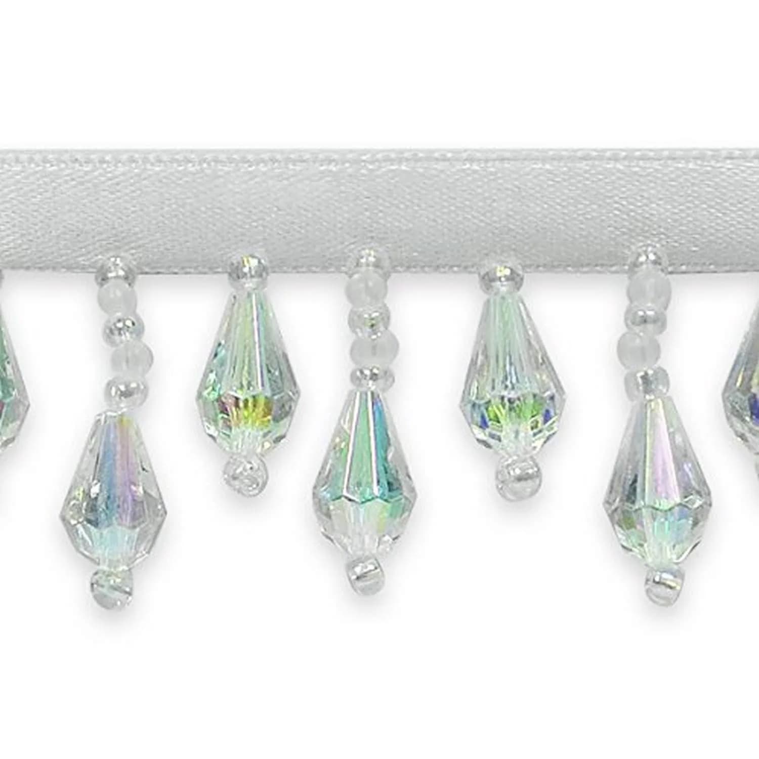 Expo International Joanne Beaded Teardrop Fringe Trim 9.5cm (3.75in) Crystal Aurora Borealis | Handmade Glass & Satin Embellishment — Crystal Aurora Borealis
