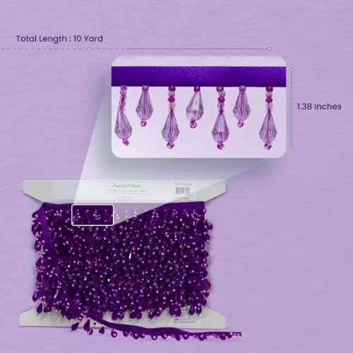 Expo International Joanne Beaded Teardrop Fringe Trim 360 inches (10 Yards) Bright Purple | Handmade Glass & Satin Embellishment thumbnail 2