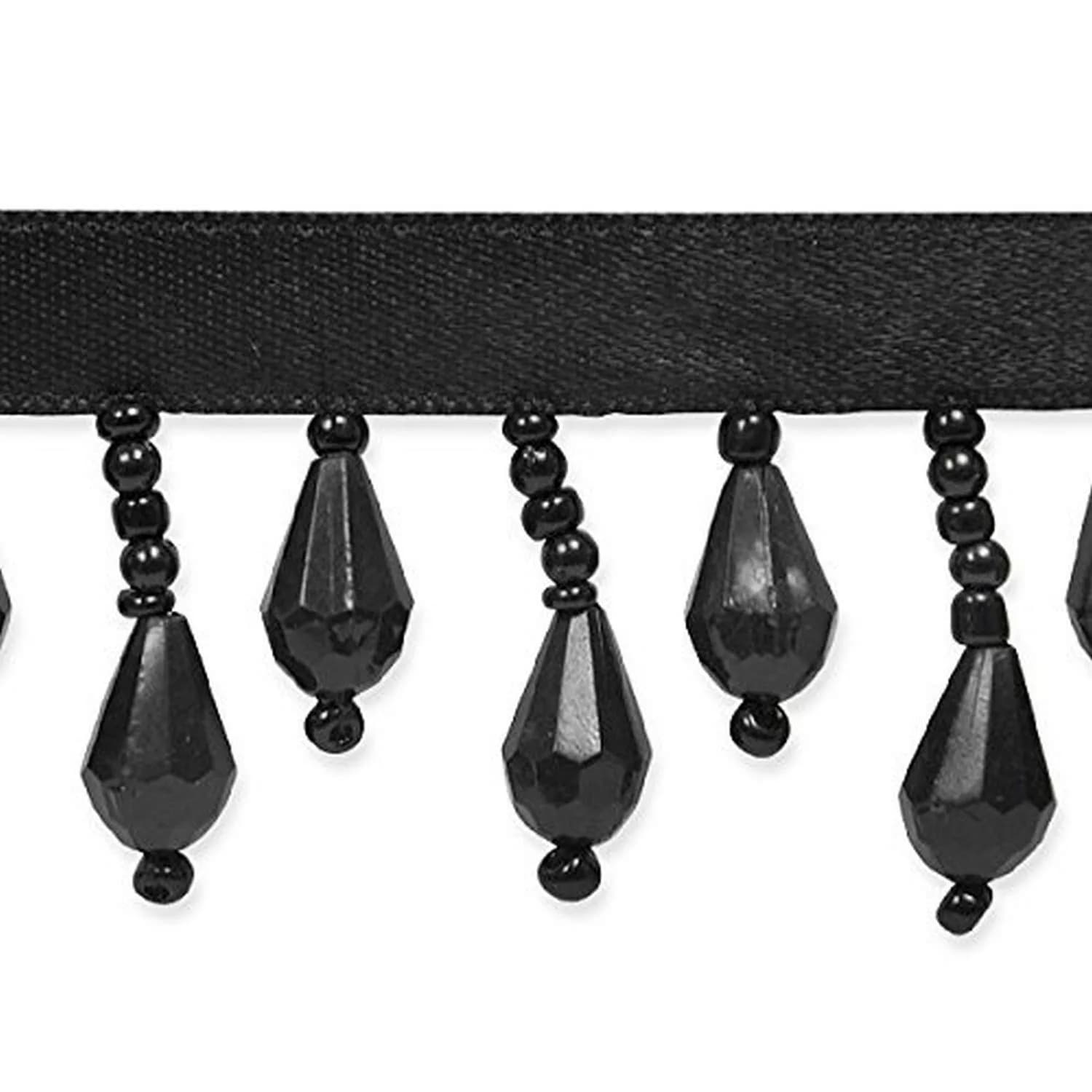 Expo International Joanne Beaded Teardrop Fringe Trim 9.5cm (3.75in) Crystal Aurora Borealis | Handmade Glass & Satin Embellishment — Black