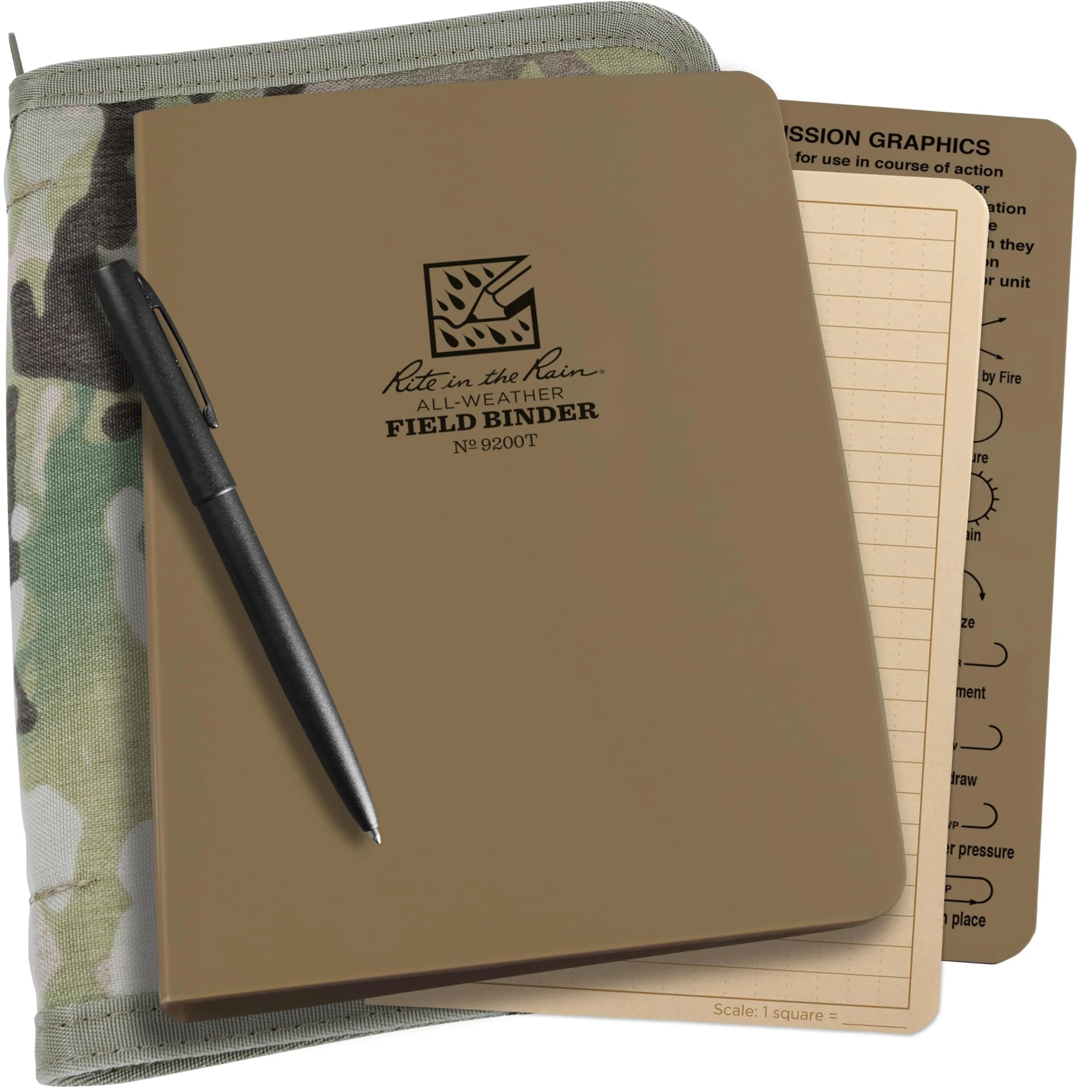 Rite in The Rain Weatherproof Binder Kit: Multicam Cordura® Cover, Tan Binder, 50 Sheets Tan Universal Loose Leaf, Weatherproof Pen (No. 9200M-KIT), 8.88 x 5.75 x 0.63 — Multicam