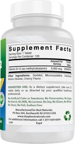 Best Naturals Vitamin B12 6000 mcg 120 Tablets | High-Dose, USA-Imported thumbnail 6