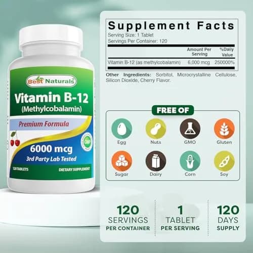 Best Naturals Vitamin B12 6000 mcg 120 Tablets | High-Dose, USA-Imported thumbnail 2