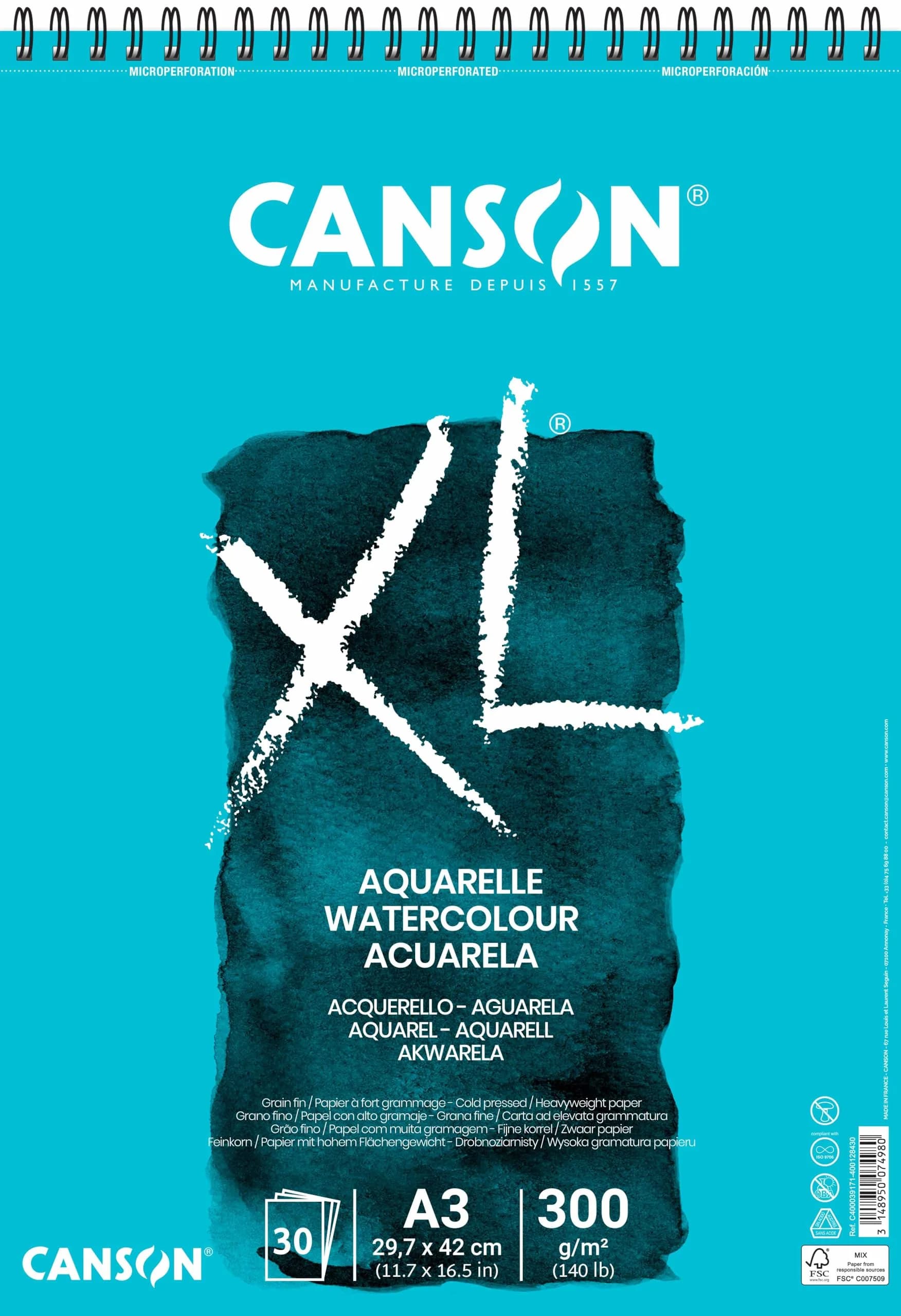 Canson XL Watercolour 300gsm A3 Paper | Acid-Free, Cold Pressed, Bright White Sheets — A3
