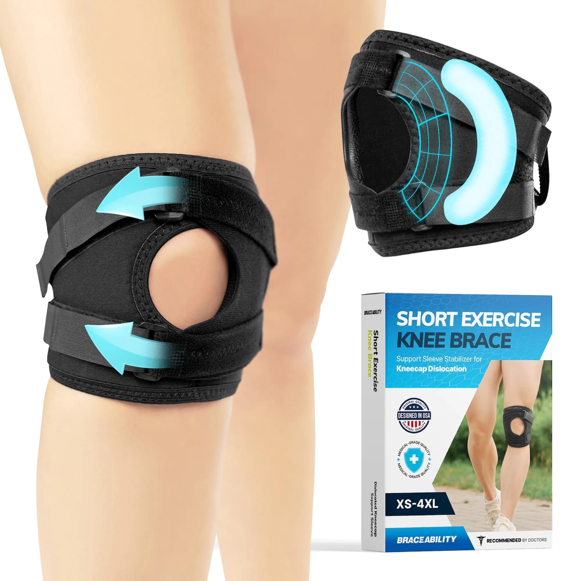 BraceAbility Plus Size Patella Tracking Knee Brace XXL | Adjustable Large Patella Stabilizer for Medial or Lateral Kneecap Tracking, Inner Knee Pain, Dislocation (2XL) - main product image