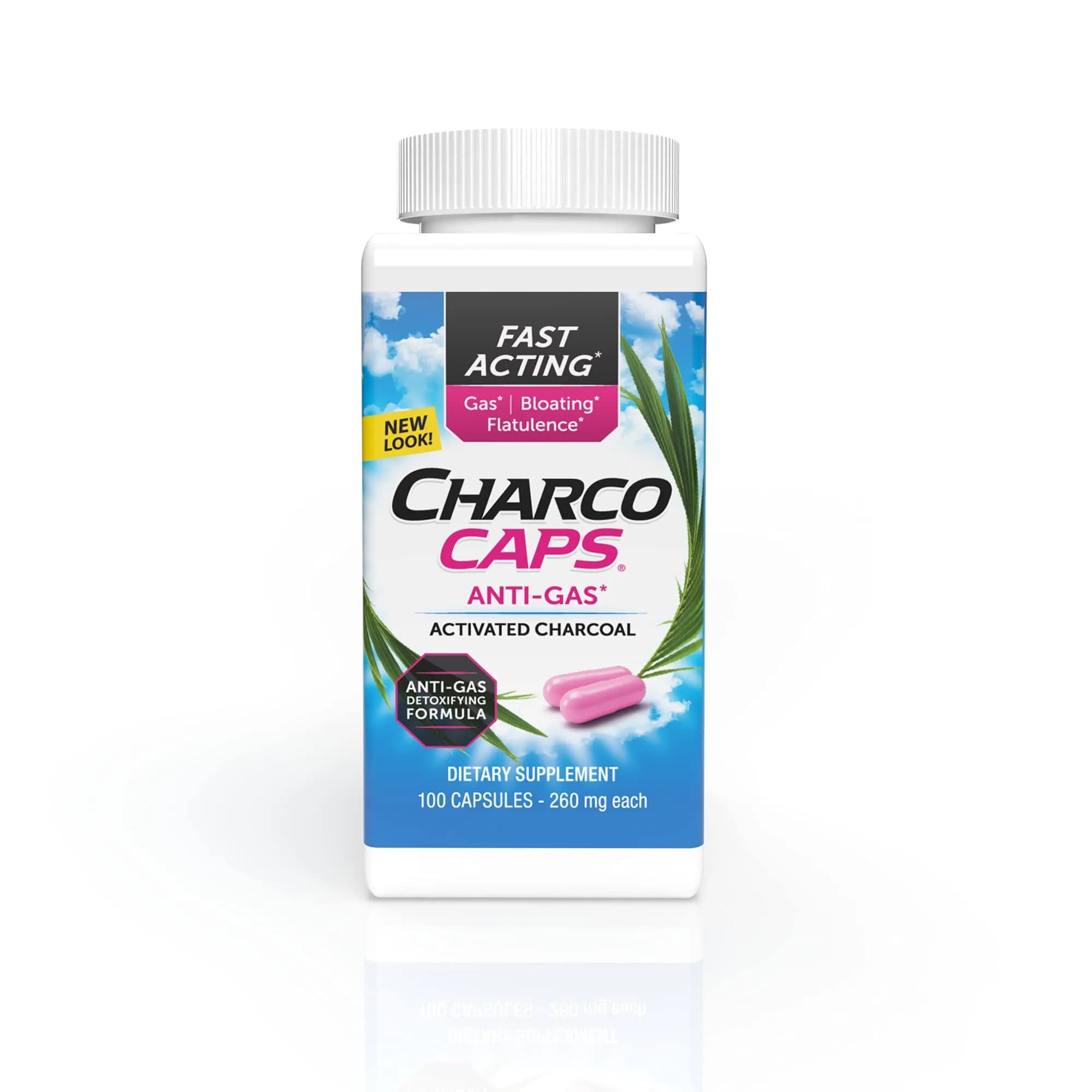 Charcocaps Fast Acting Gas Relief Activated Charcoal Capsules 100 Count (50 Servings) | Drug-Free Bloating & Flatulence Relief - main product image