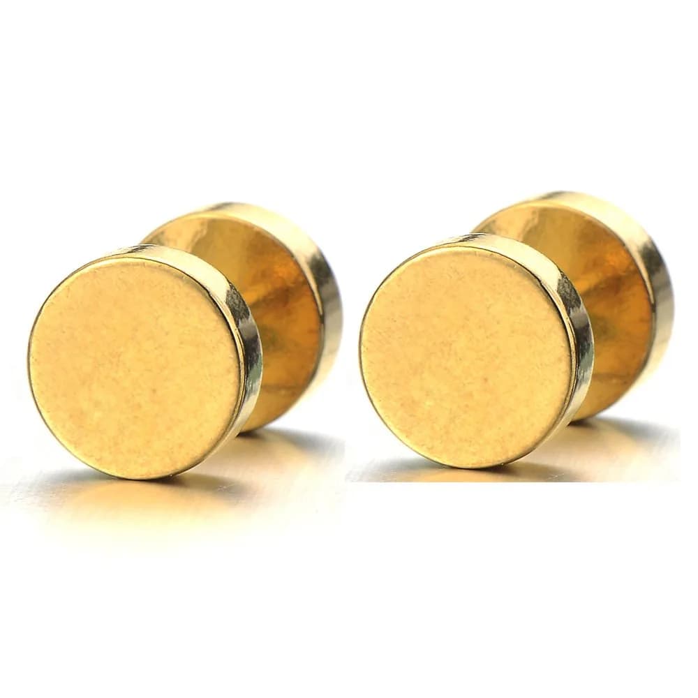 COOLSTEELANDBEYOND 2pcs 7mm Gold Screw Stud Earrings for Men, Stainless Steel Polished, Fake Ear Gauges Tunnel | Illusion Tunnel (100% brand new, USA import, delivery in 11-13 days)