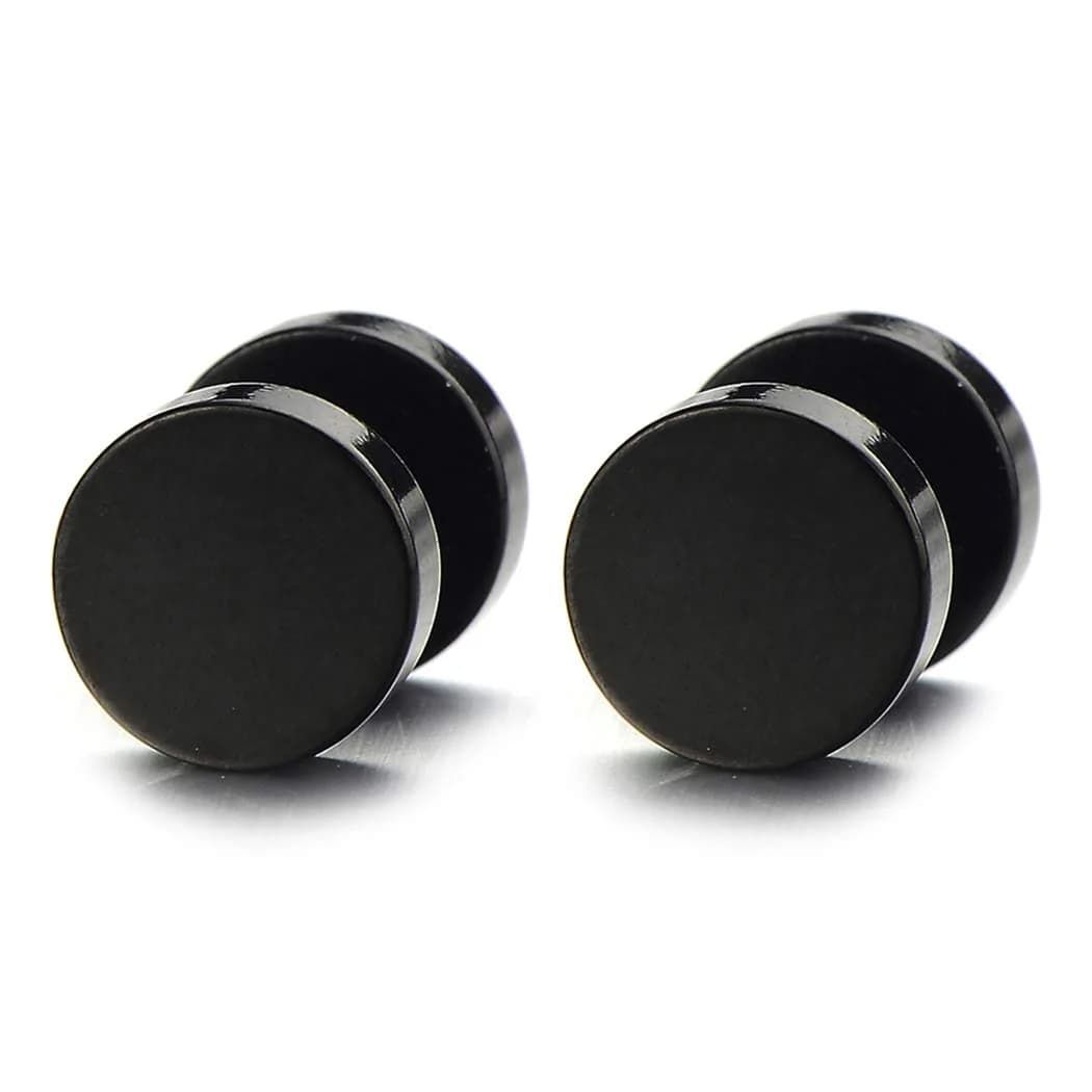 COOLSTEELANDBEYOND Men's Black Stainless Steel Dumbbell Earrings | Edgy Punk Streetwear Accessory for Men & Teens — Wide:7MM