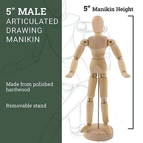 U.S. Art Supply 5" Wooden Male Manikin Posable Figure with Stand | Articulated for Drawing Human Form thumbnail 2