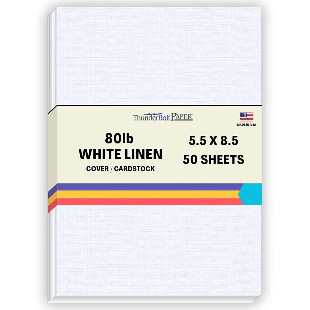 ThunderBolt Paper 100 Bright White Linen Cover Sheets 5" X 7" | Premium Textured Cardstock for Invitations & Menus — 5.5x8.5 - 50 Sheets