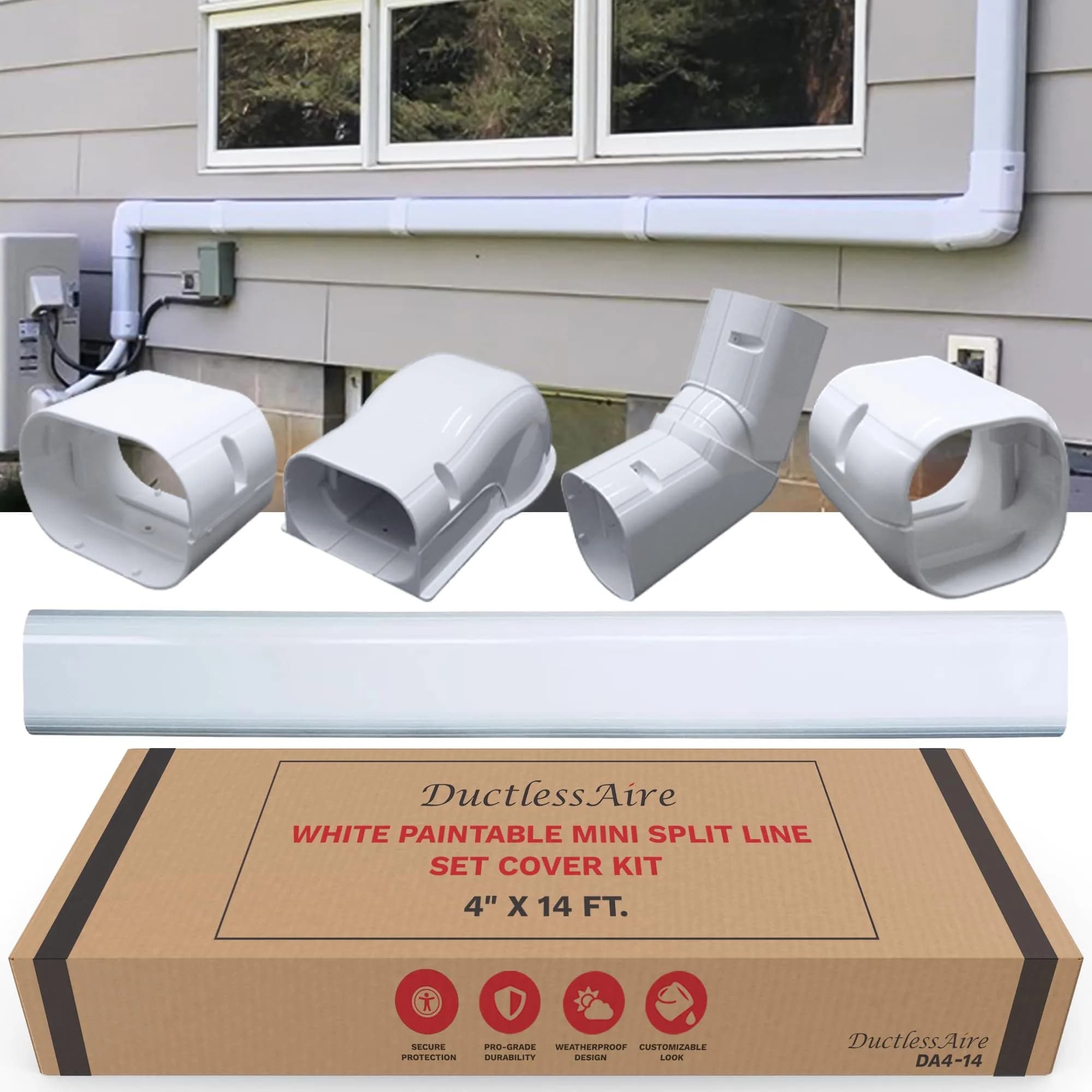 DuctlessAire Mini Split Line Set Cover - Paintable Kit (White, 4" x 14 ft) | Weatherproof AC Line Cover - main product image