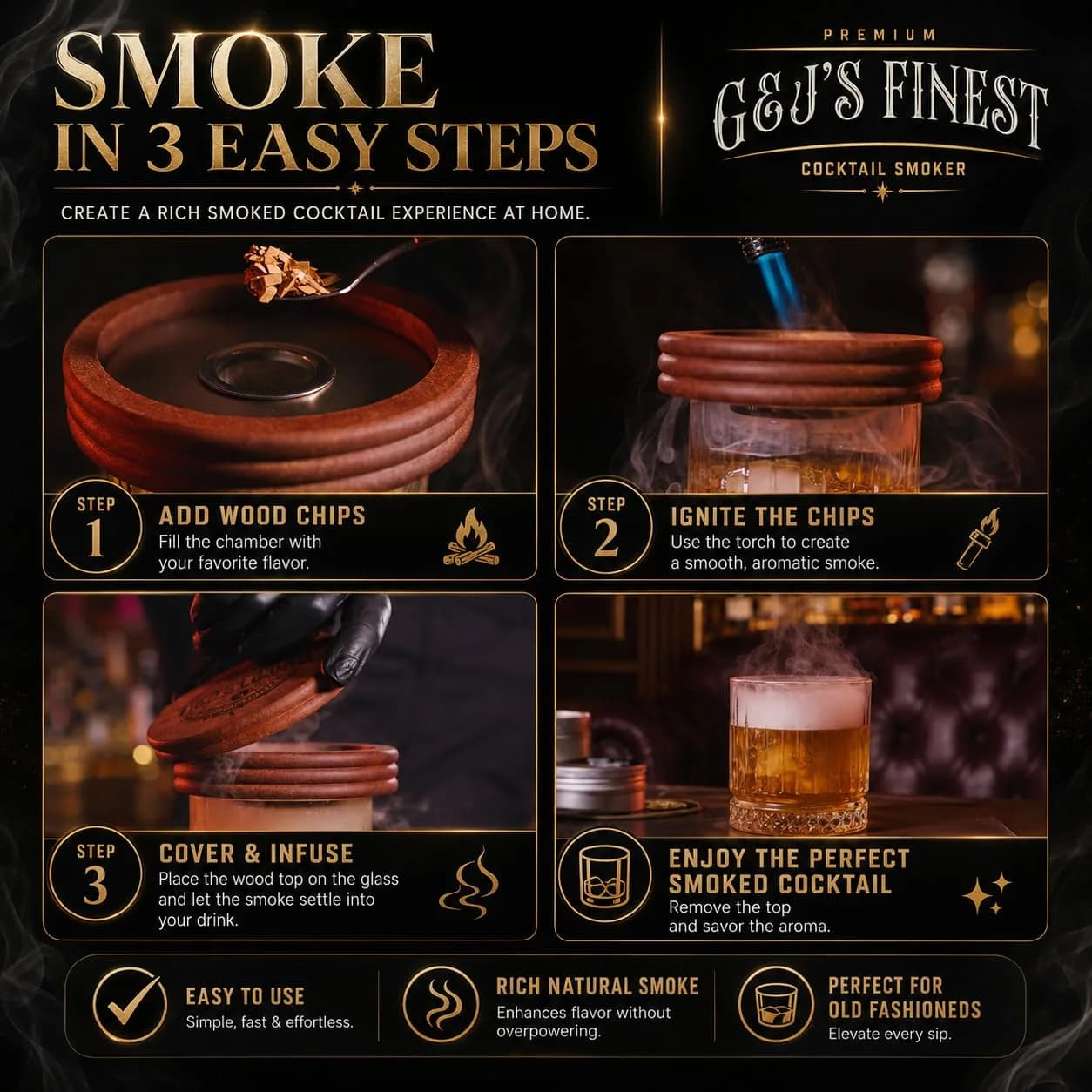 G & J's Finest Cocktail Smoker Kit with Torch, 6 Wood Chips & 2 Glasses | 4.5 inch — Mahogany Wood / 4.5 inches thumbnail 3