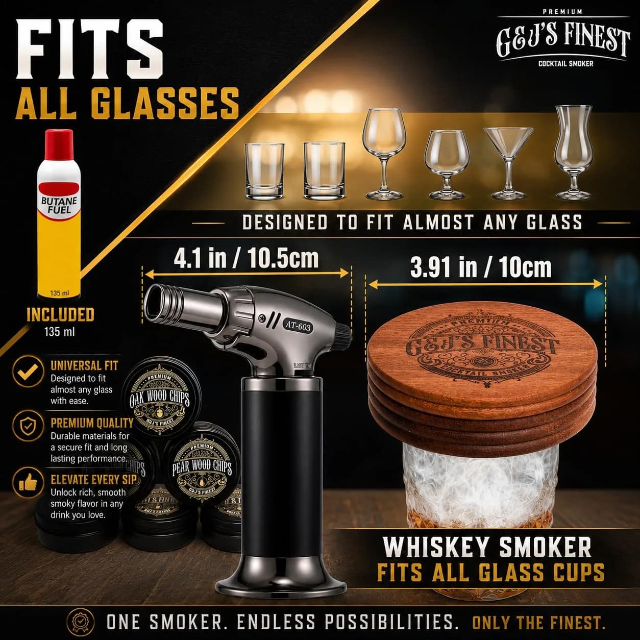 G & J's Finest Cocktail Smoker Kit with Torch, 6 Wood Chips & 2 Glasses | 4.5 inch — Mahogany Wood / 4.5 inches thumbnail 4