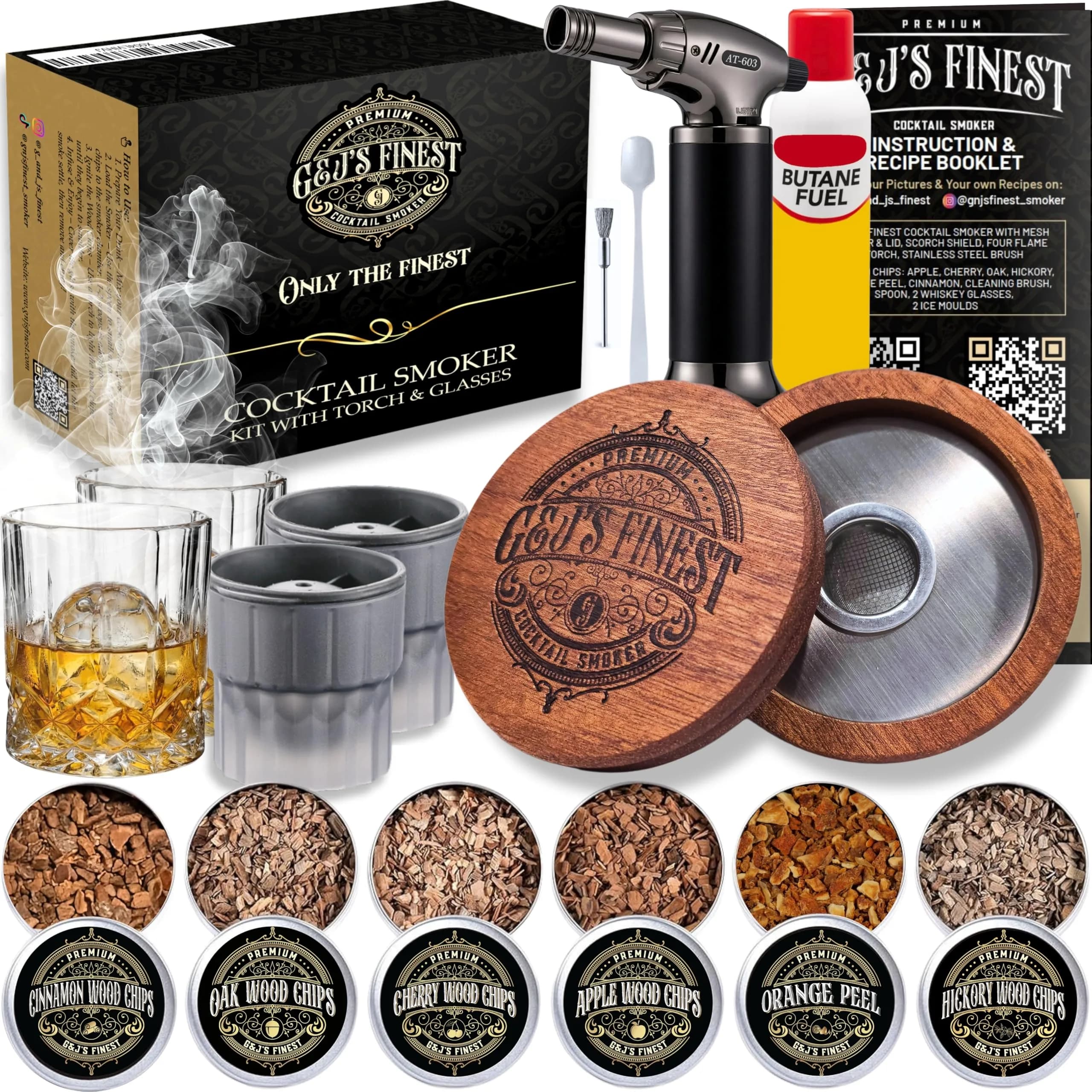 G & J's Finest Cocktail Smoker Kit with Torch, 6 Wood Chips & 2 Glasses | 4.5 inch — Mahogany Wood / 4.5 inches