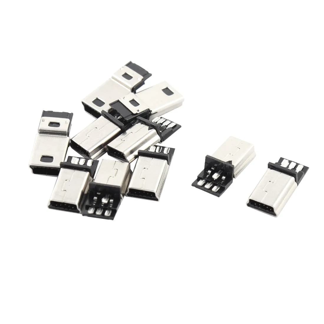 sourcing map Mini USB B Type Male Connector 10 pcs | 5 Pin solder port, metal shield, China-made — Black,Silver
