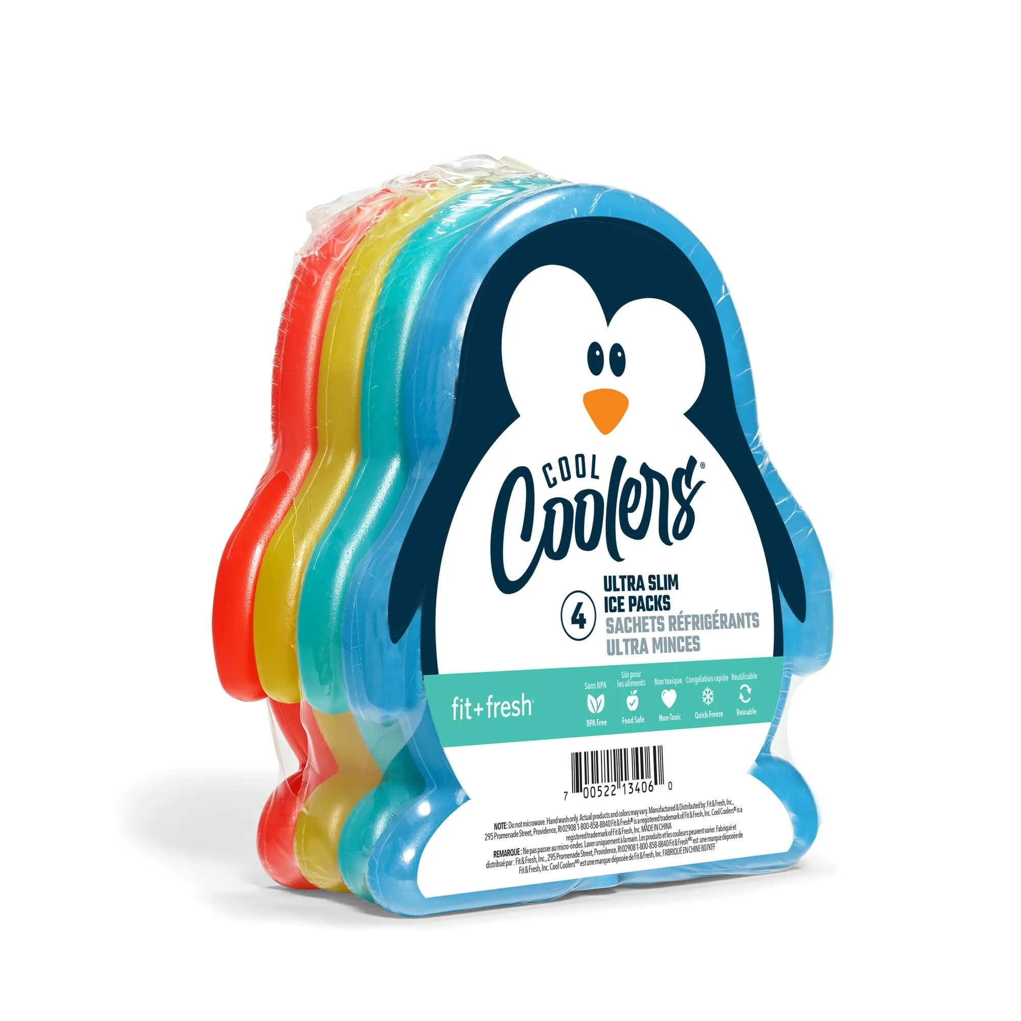 Fit & Fresh Reusable Kids Lunch Box Ice Packs, 4pk | Slim Penguin-Shaped Freezer Packs for School & Picnic