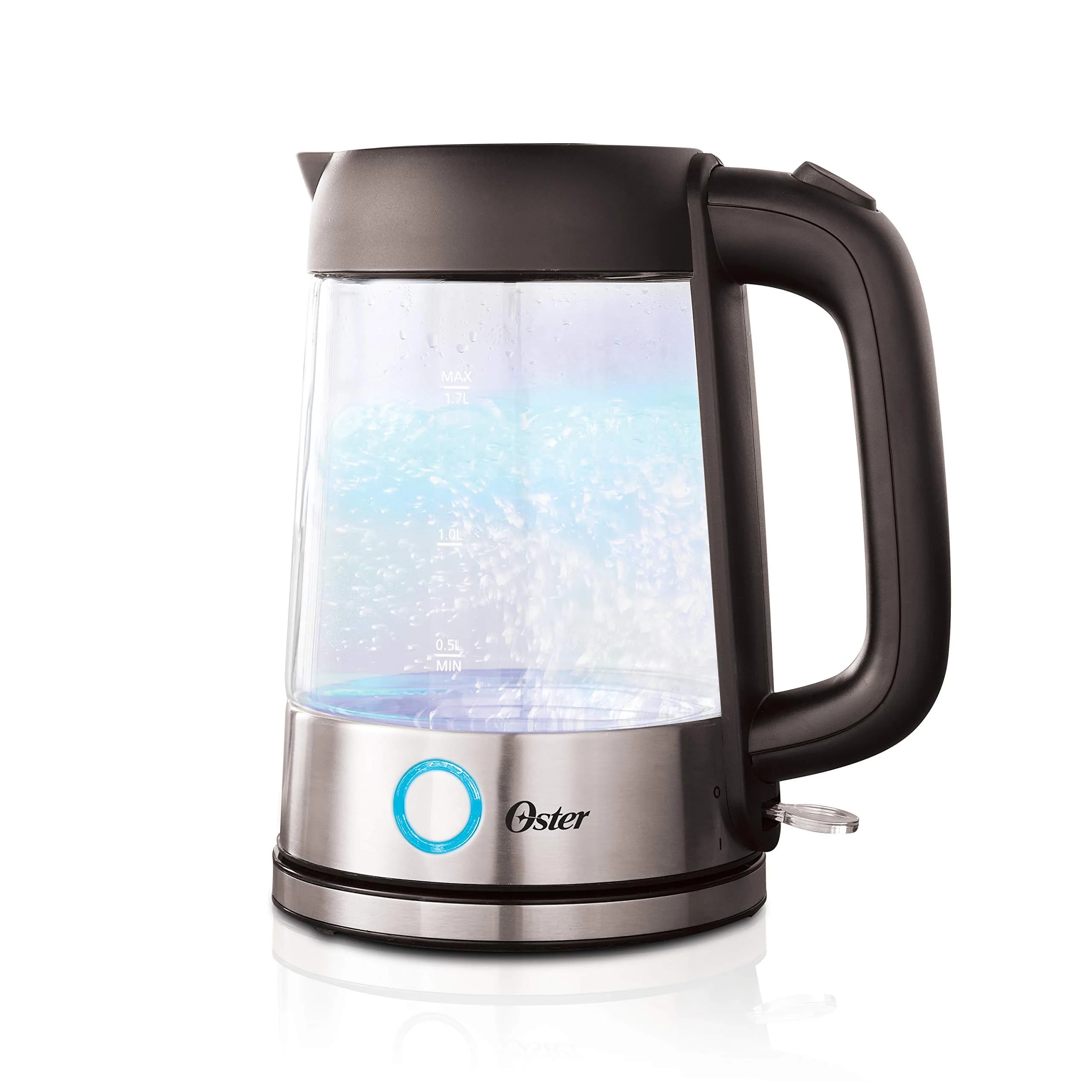 Oster Electric Water Kettle 1.7L | Illuminating Glass & Auto Shut Off — Clear/Stainless