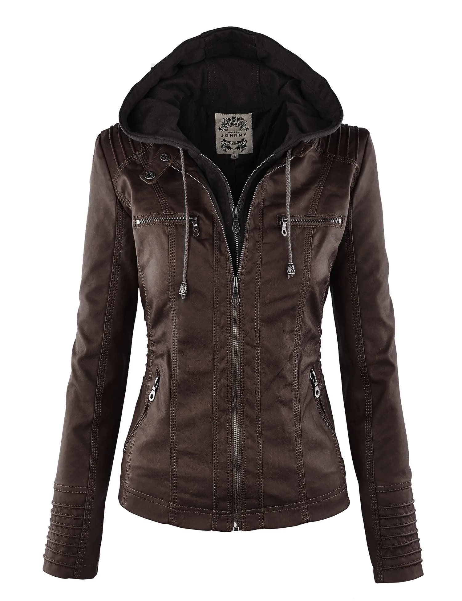 Made By Johnny Womens Faux Leather Motorcycle Jacket with Removable Hood | Regular Fit, Coffee - main product image