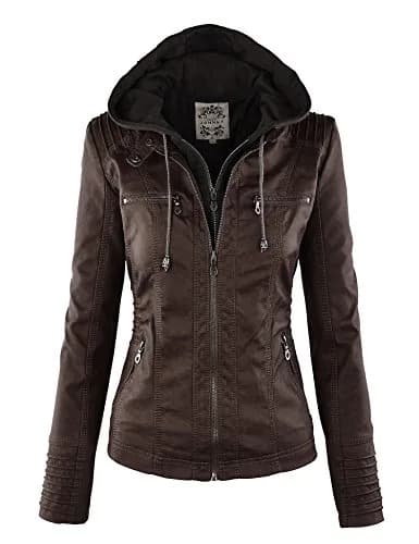 Made By Johnny Womens Faux Leather Motorcycle Jacket with Removable Hood | Regular Fit, Coffee thumbnail 1